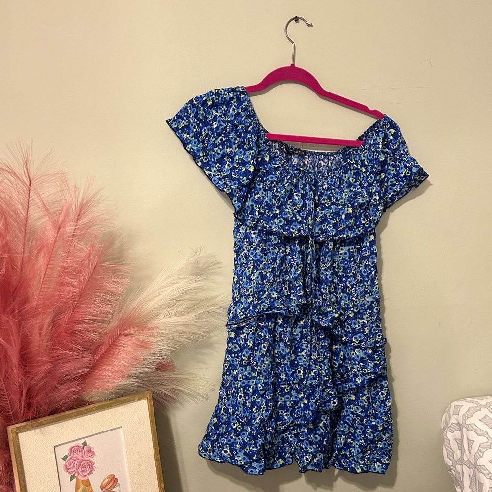 Zara Blue Floral Off the Shoulder Cute Tiered Ruffle Dress Romper Jumpsuit XXL